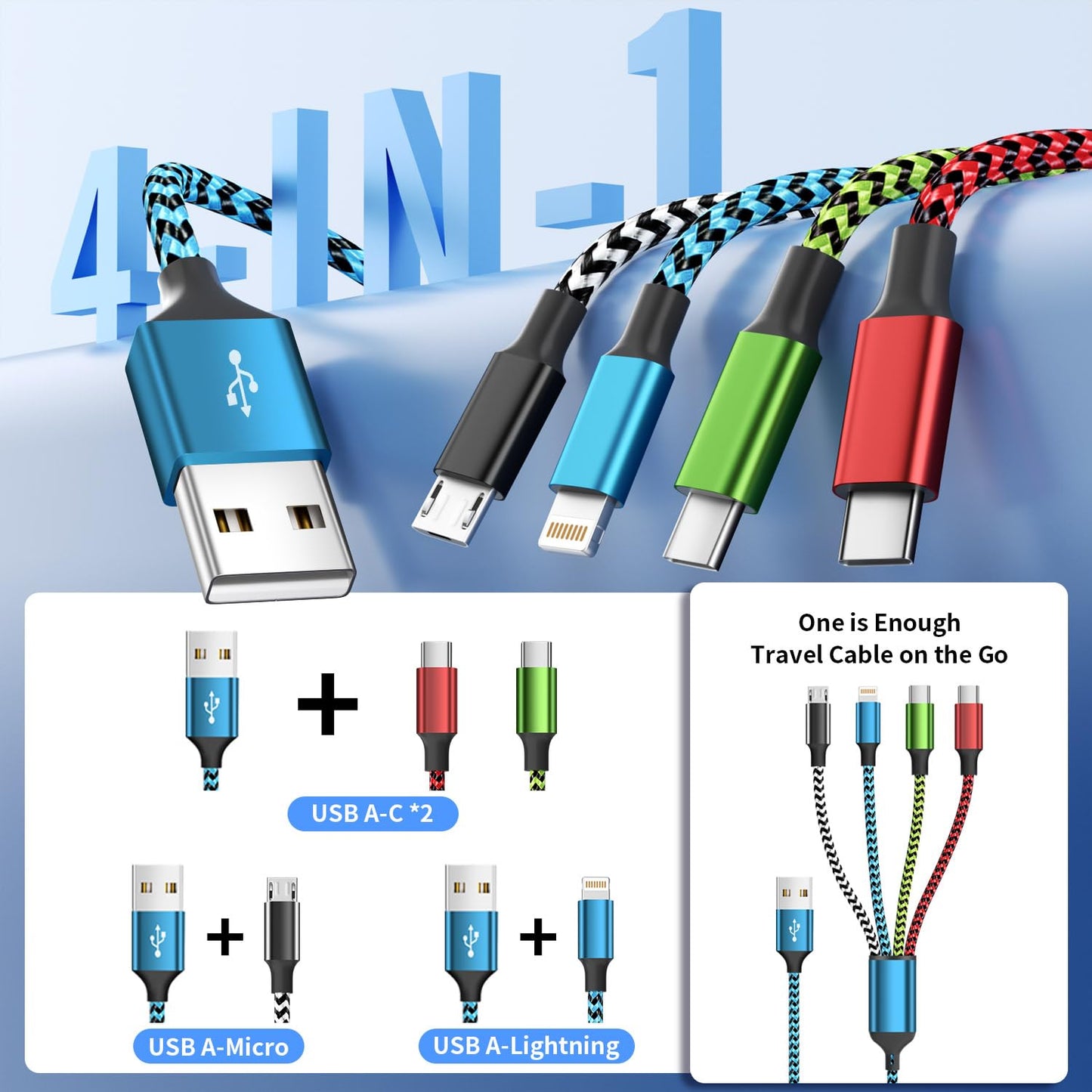 Travel Essentials Dual Type-C 4 in 1 Charging Cable 2 Pack 5FT Multi Charging Cables for All Devices,Universal USB Cable Adapter 2 USB-C/IP/Micro Port for Cell Phones Tablets Samsung Galaxy PS & More