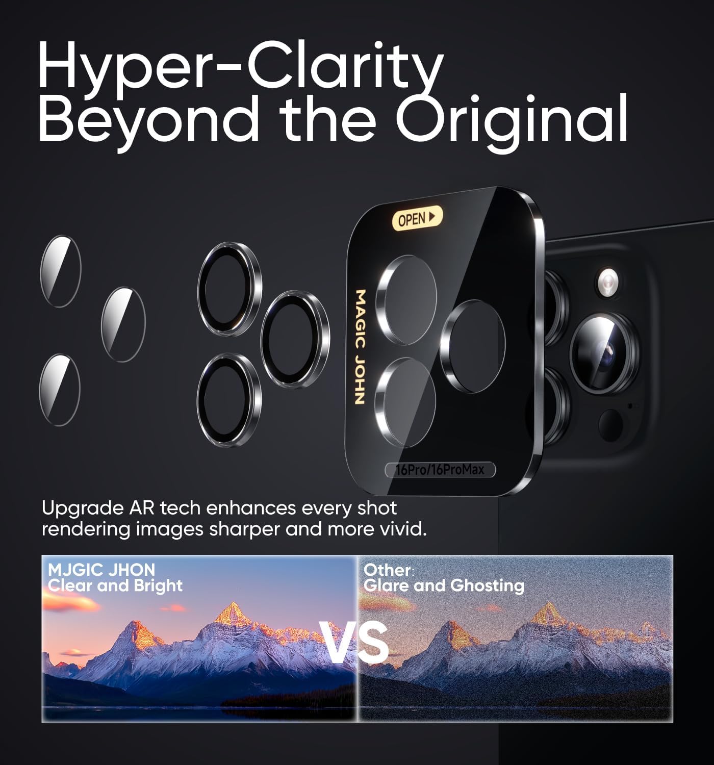MAGIC JOHN for iPhone 16 Pro Max/16 Pro Camera Lens Protector [Alignment Kit&1:1 Invisible Perfect Fit] 9H Aerospace Tempered Glass Anti-Scratch Durable, Individual Cover Ring, Case Friendly, Set of 2, Clear