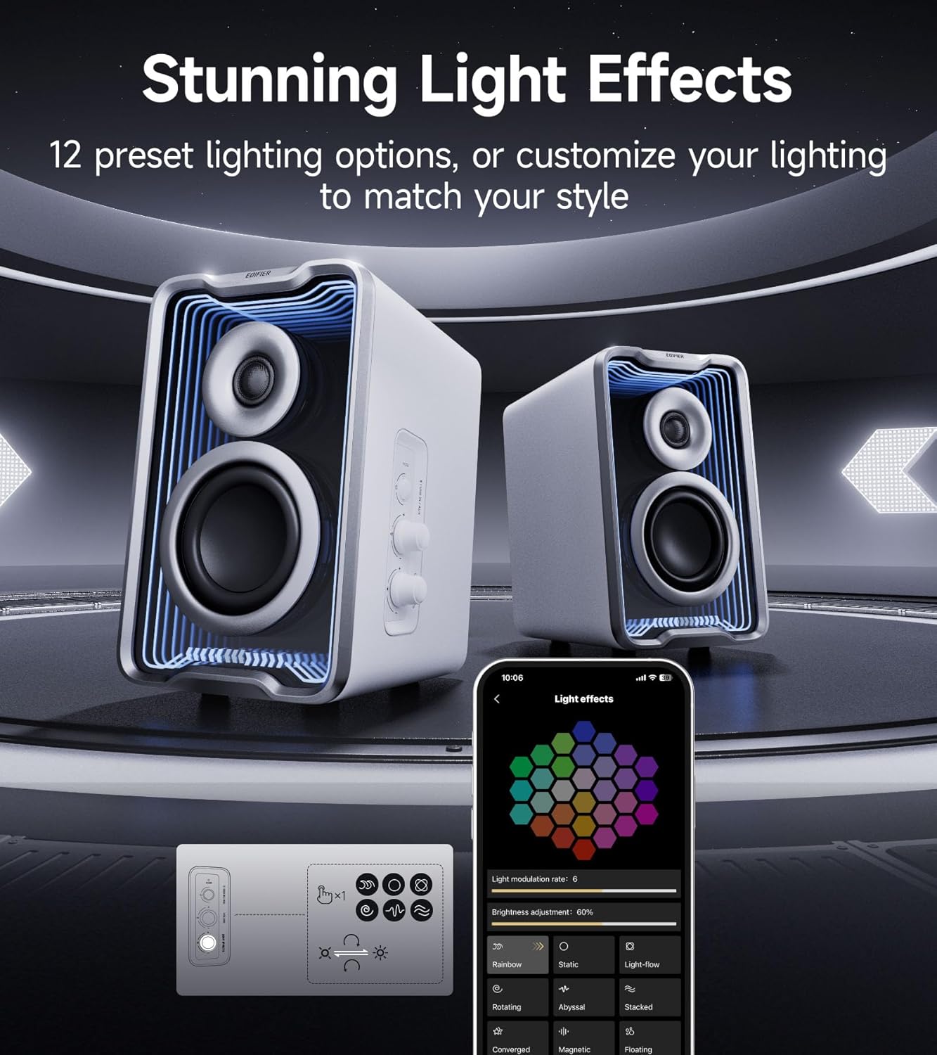 Edifier QR30 2.0 Desktop Active Speaker, Compact Bluetooth V5.4 Computer Speakers, Wireless Bookshelf Speaker, 30W (RMS), 3.5mm AUX & USB-A Wired Input, Dynamic Light Effects, App Control, White