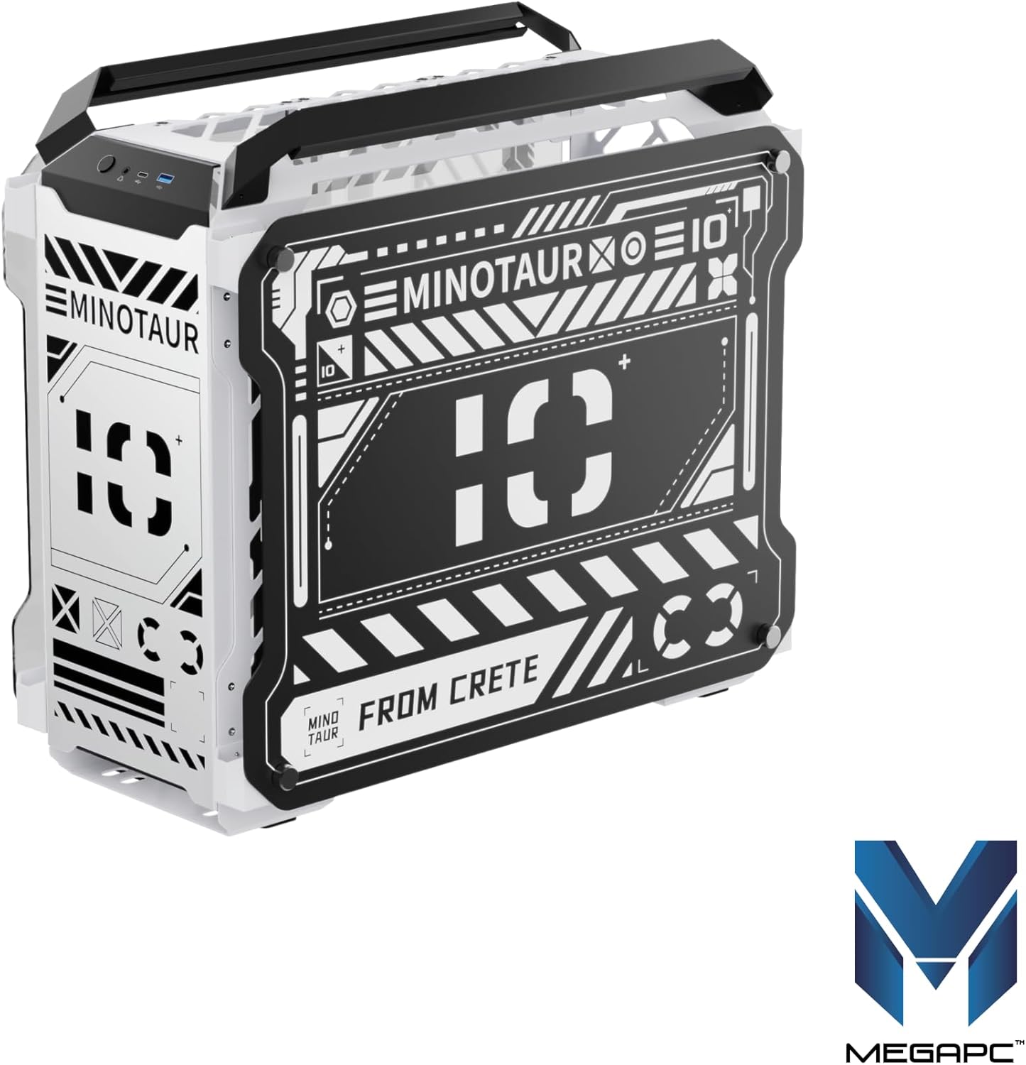 MegaPC Mino Open-Frame ATX Gaming Case – Industrial Design, Tempered Glass Panels, High Airflow, ARGB Lighting, USB-C Port (Black/White/Print Stream, with Fans Only)