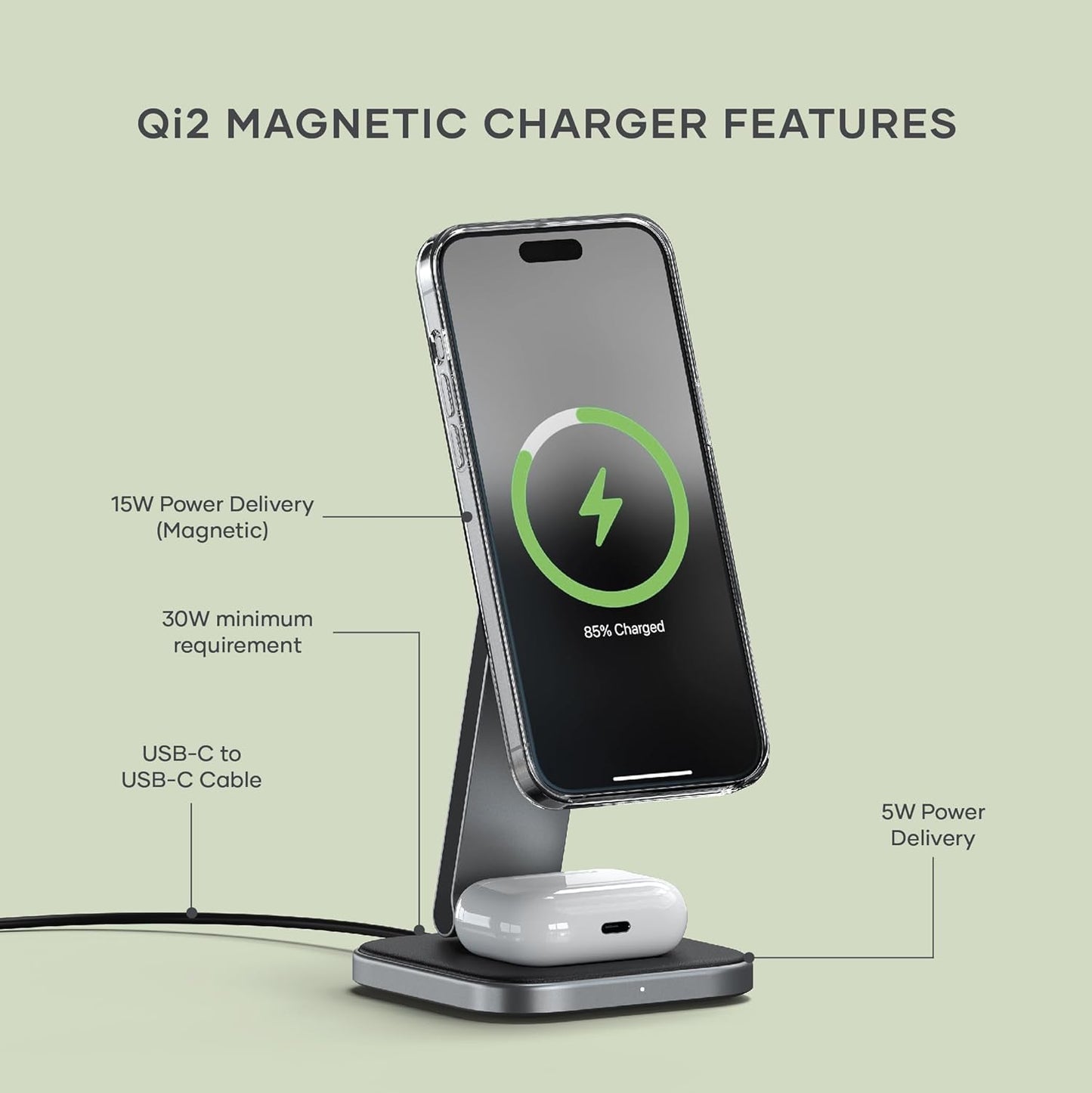 Satechi 2 in 1 Wireless Charger, Qi2 15W Dual Wireless Charger Stand, Magnetic, Foldable Travel Charger Station for iPhone 16/15/14/13/12, and AirPods Pro/3/2