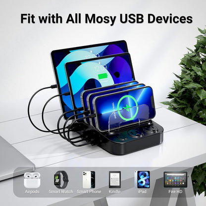 Catlyn Charging Station for Multiple Devices, 8 Port Charger Stations with 6 Mixed Charger Cables Organizer Dock,Compatible for Cell Phone,Tablet, Kindle, iPhone iPad for Family Home Office（Black）