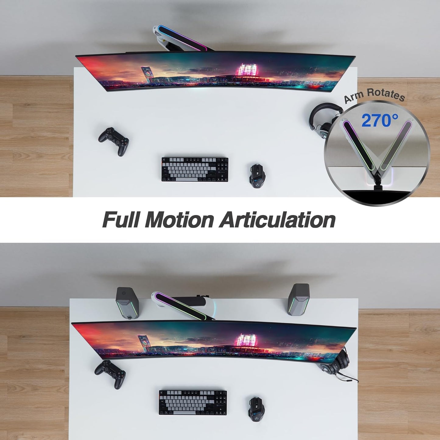 AVLT Single 27”-45” RGB Gaming Monitor Arm Desk Mount Built-in 20 Lighting Modes Touch Button Control Fits Flat/Curved/Ultrawide Screens Height Swivel Tilt Rotation Adjustable Stand -White