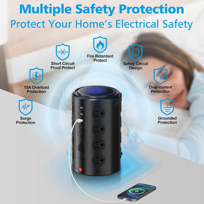 Power Strip Tower Surge Protector with 16 Outlets and 5 USB Ports (2 USB-C), 20FT Extension Cord with Multiple Outlets,Heavy Duty Charging Station,Home Office Dorm Room Essentials.No Wireless Charging