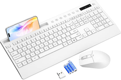 White Wireless Keyboard and Mouse Combo - Full-Size Quiet Keyboards with Palm Rest, Phone Holder, Multimedia Keys, Batteries Included, Office Key Board Compatible with Windows, PC, Laptop - Trueque