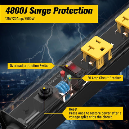 HHSOET 16 Outlet Long Power Strip, 6FT Heavy Duty Power Strip with 4800J Surge Protection, 20a Mountable Wide-Spaced Outlets for Home, Office, Garage & Workshop - ETL Certified