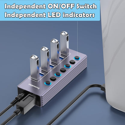 Powered 7-Port USB 3.0 Hub, USB C to 7 Ports USB Data Hub Splitter with Individual LED On/Off Switche, 3.3FT Cable, 12V/3A Power Adapter, for Laptop MacBook Pro/Air PC (Aluminum Gary)