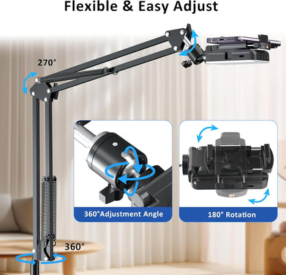 Overhead Phone Tripod for Cooking Videos with Rechargeable Light, Move Around Floor Phone Stand with Ring Light Content Creator Video Recording Selfie Photography TikTok Youtube Compatible with iPhone