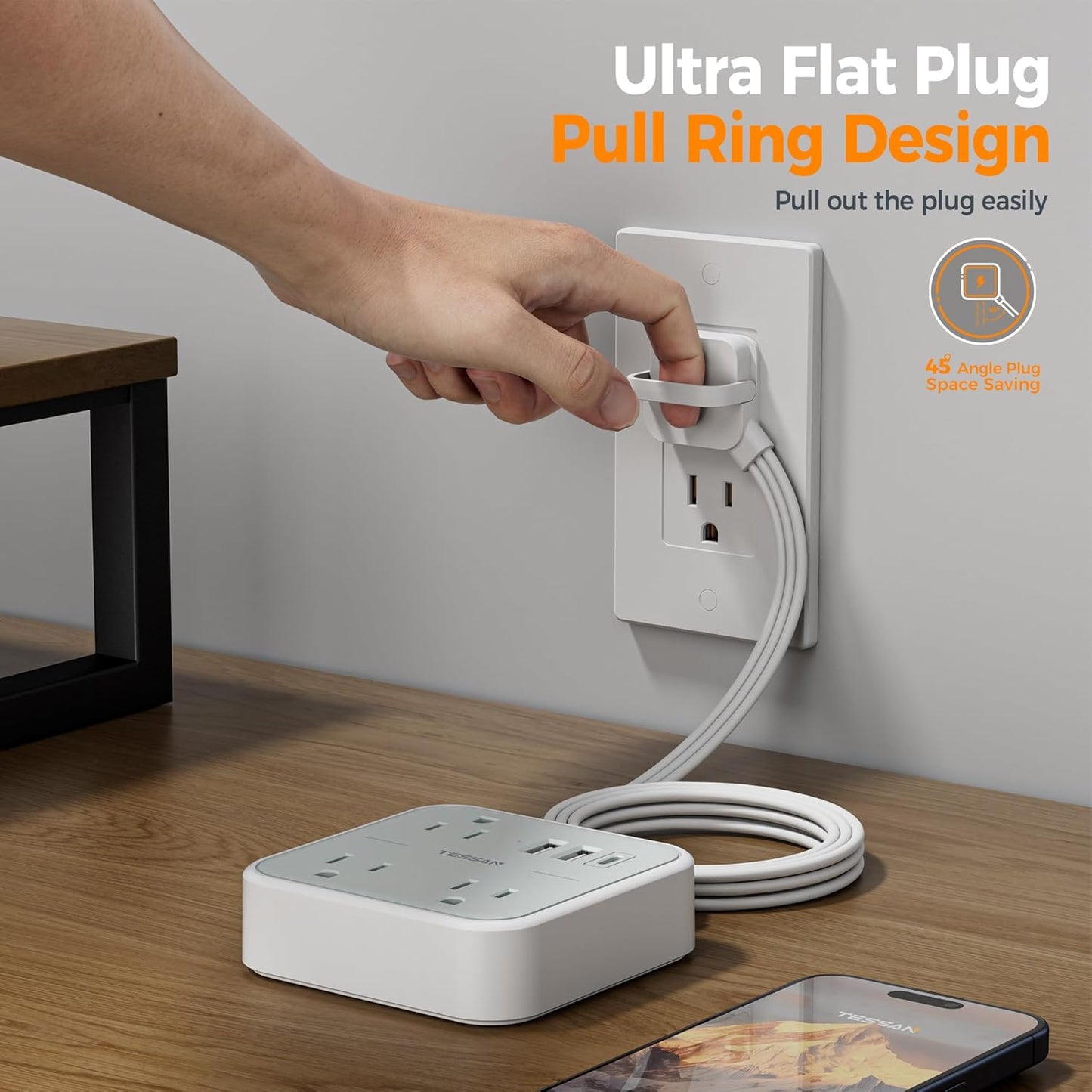 Cruise Essentials, TESSAN Flat Plug Travel Power Strip, Non Surge Protector for Cruise Ship, 3 Outlets 3 USB (1 USB C), 5 FT Extension Cord Small Power Strip with Ring Pull, Portable for Travel