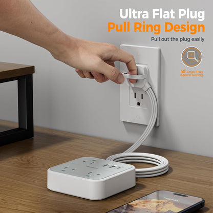 Cruise Essentials, TESSAN Flat Plug Travel Power Strip, Non Surge Protector for Cruise Ship, 3 Outlets 3 USB (1 USB C), 5 FT Extension Cord Small Power Strip with Ring Pull, Portable for Travel