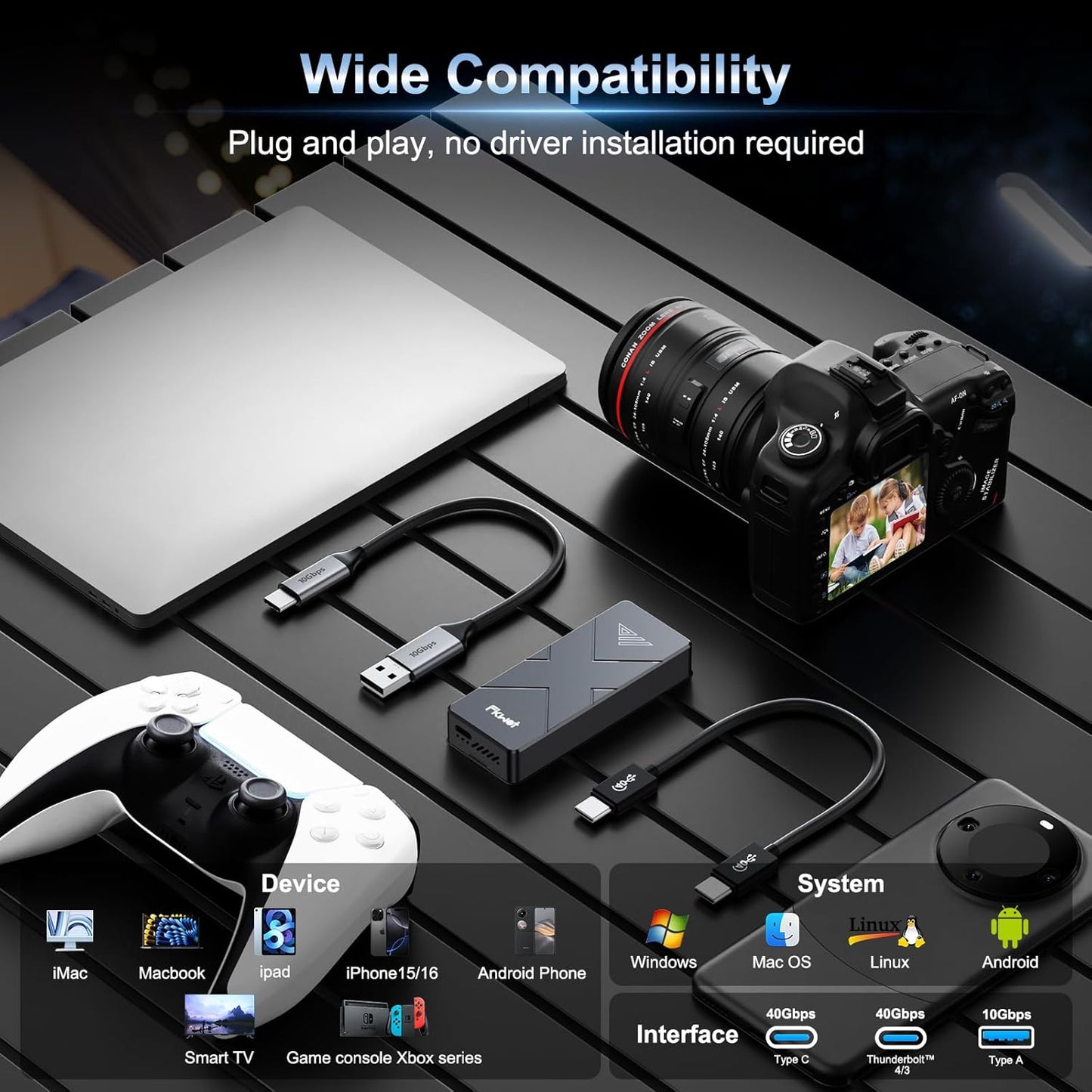 1TB External SSD, USB4 40Gbps Portable SSD 2TB with Cooling Fan, Up to 3700MB/s, External Solid State Drives Compatible with Mac mini, iPhone 15/16 Series, Tablets, MacBook, iPad, iMac, etc(FP110)