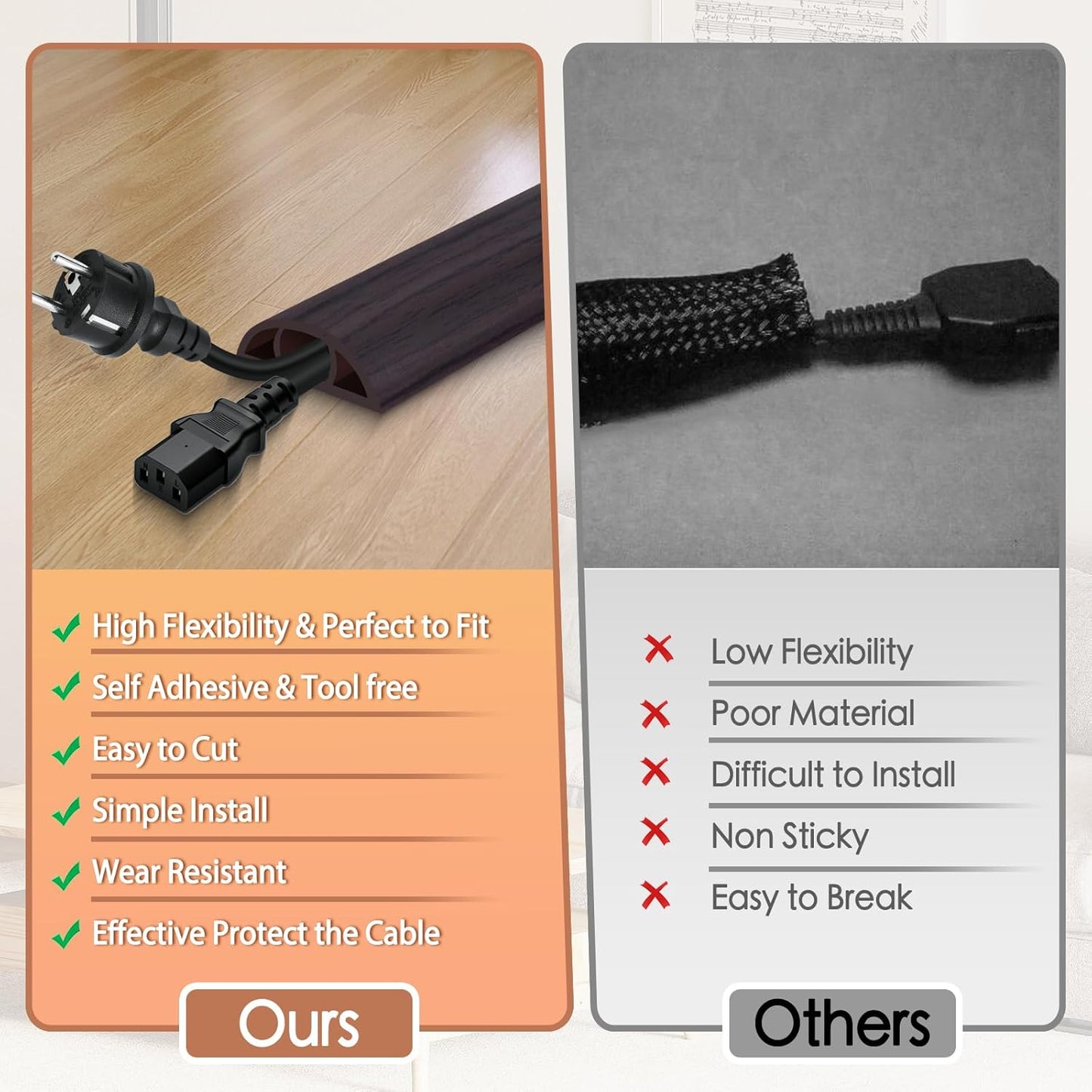 Floor Cord Cover for Wires on Floor Self Adhesive Cord Hider Floor Cable Management Wire Covers for Cords Protector Prevent Cable Trips Cord Cavity W 0.47" x H 0.27", Black Walnut, 3.3Ft