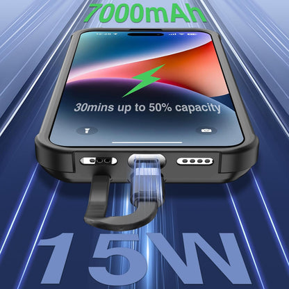 GIN FOXI Battery Case for iPhone 15/15 Pro, Built-in Cable 7000mAh Fast Charing Cases 15W Rechargeable Portable Extended Charger Case Cover for iPhone 15/15 Pro Charging Case, Black