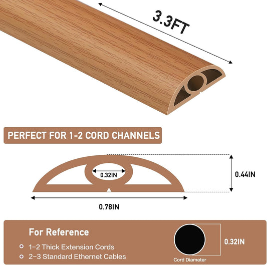 Floor Cord Cover Self Adhesive Cord Hider Floor Extension Cord Covers for Floor Power Cord Protector Cable Management Prevent Cable Trips Cable Cavity 0.32" W x 0.32" H (Light Brown Wood, 3.3Ft)