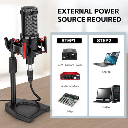 XLR Podcast Microphone Professional Cardioid Condenser Microphone for PC Computer Studio XLR Mic Kit for Recording/Podcasting/Streaming/Voice Over/ASMR/Home Studio/YouTube with Desktop Stand