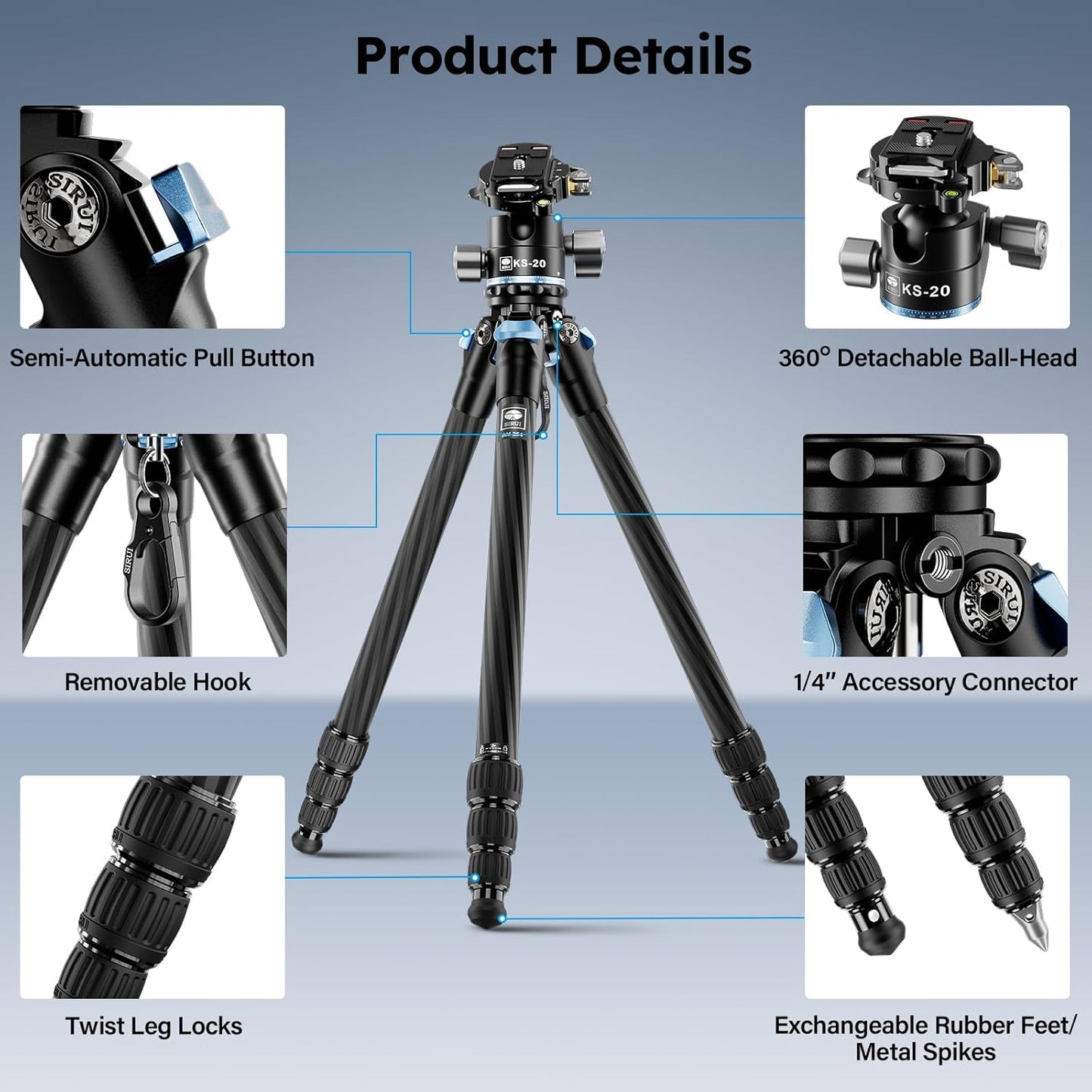 SIRUI 50.2" Carbon Fiber Travel Tripod, Compact Professional Camera Trippod with Low Profile Ball Head, Quick Release System, Load Up to 26.5lbs/12kg, AM-254+KS-20