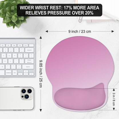 ITNRSIIET Ergonomic Mouse Pad with Wider Memory Foam Wrist Rest +17%, Curved Cushion Reduces Pressure 20%, Pain Relief, Non-Slip, Smooth, Cute Color Desk Accessory, 9.85 x 9 inch, Soft Pink Gradient