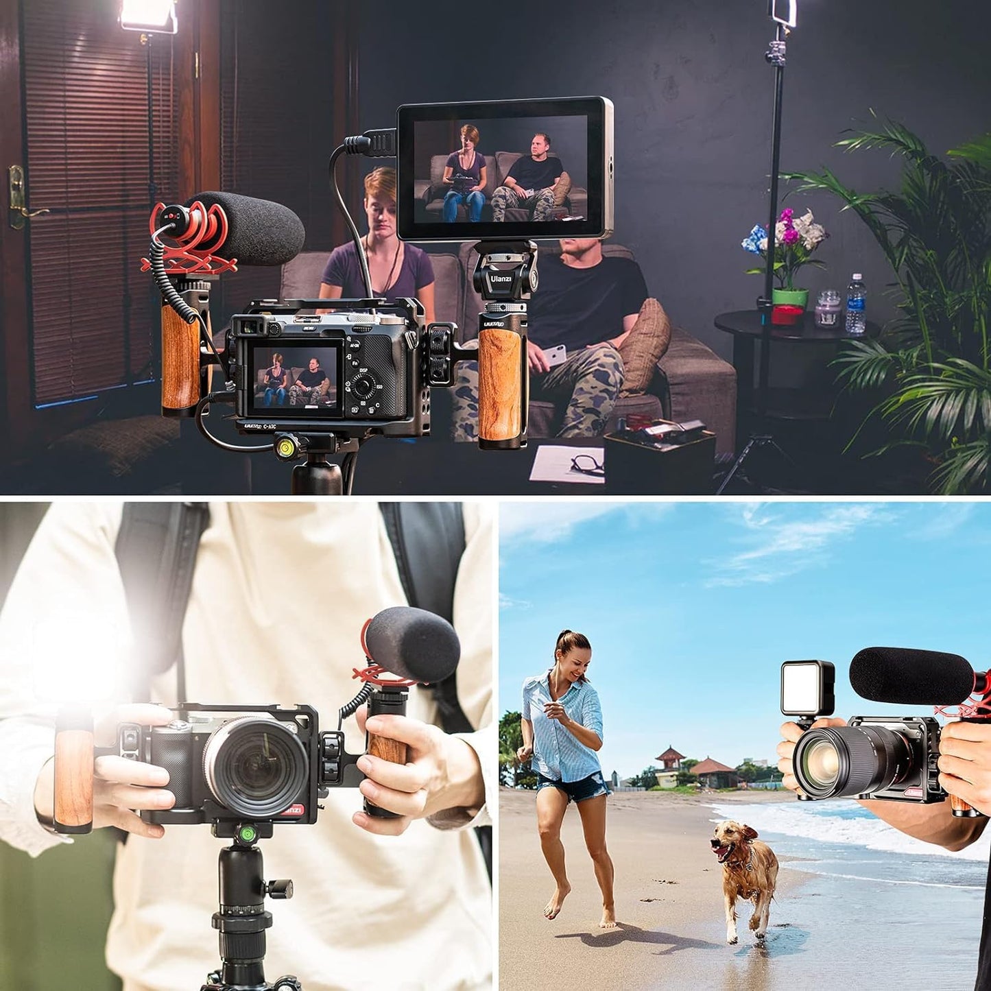 R075 Wooden Handle Grip Left Right Compatible for Sony A6400 A6600 A7III A7IV Nikon Canon Panasonic Camera Cage, for iPhone/Smartphone Video Rig Video-graphy Accessories Mobile Filming 1/4" Bracket