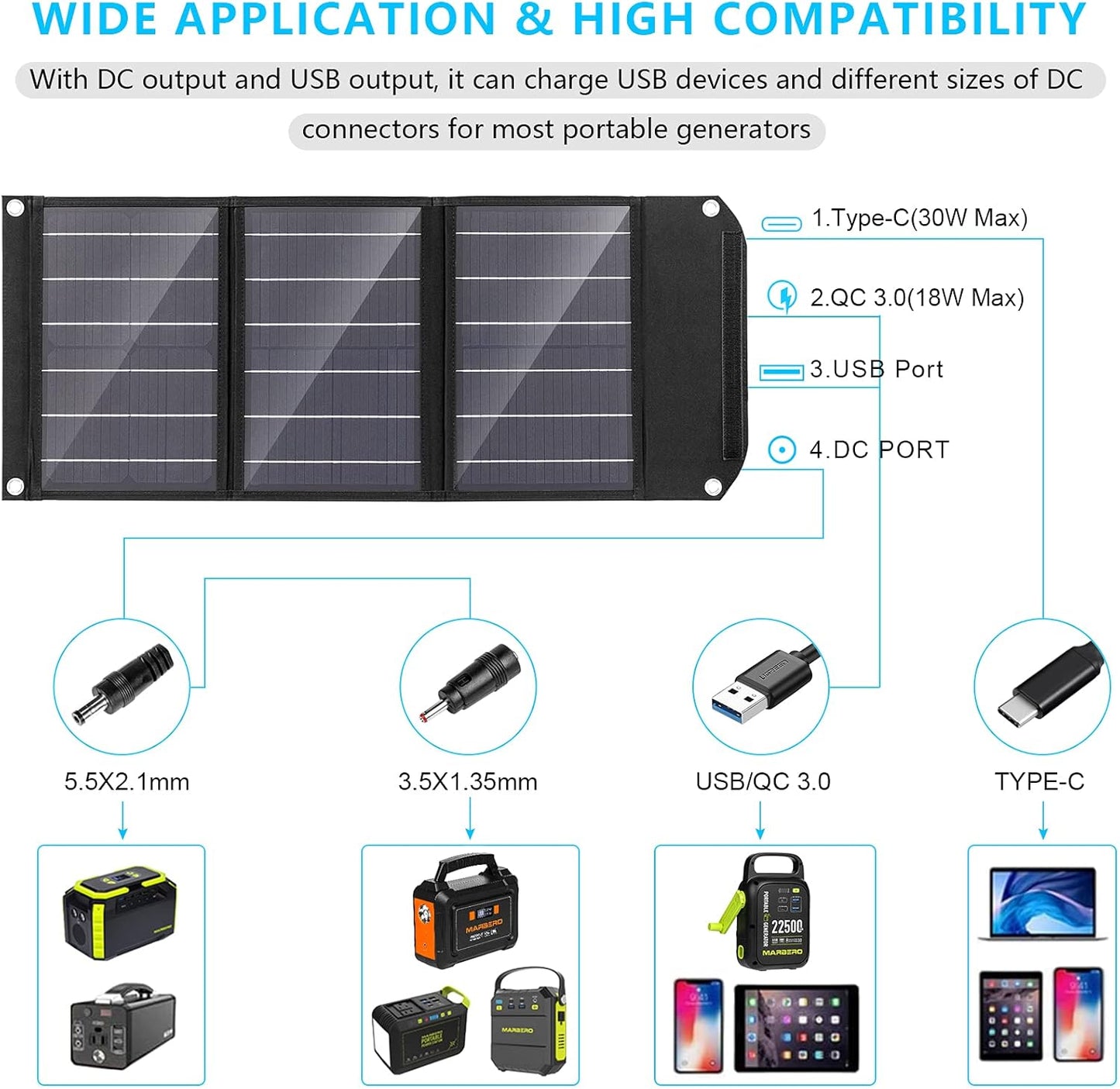 MARBERO Portable Solar Panel 30W Solar Panel Charger 23% High Efficiency Foldable Solar Panels QC3.0 USB & DC Port Compatible with Cell Phone Ipad Laptop IP65 Waterproof for Camping Outdoor Cloudy