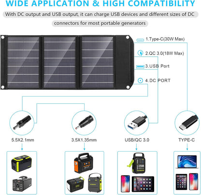 MARBERO Portable Solar Panel 30W Solar Panel Charger 23% High Efficiency Foldable Solar Panels QC3.0 USB & DC Port Compatible with Cell Phone Ipad Laptop IP65 Waterproof for Camping Outdoor Cloudy