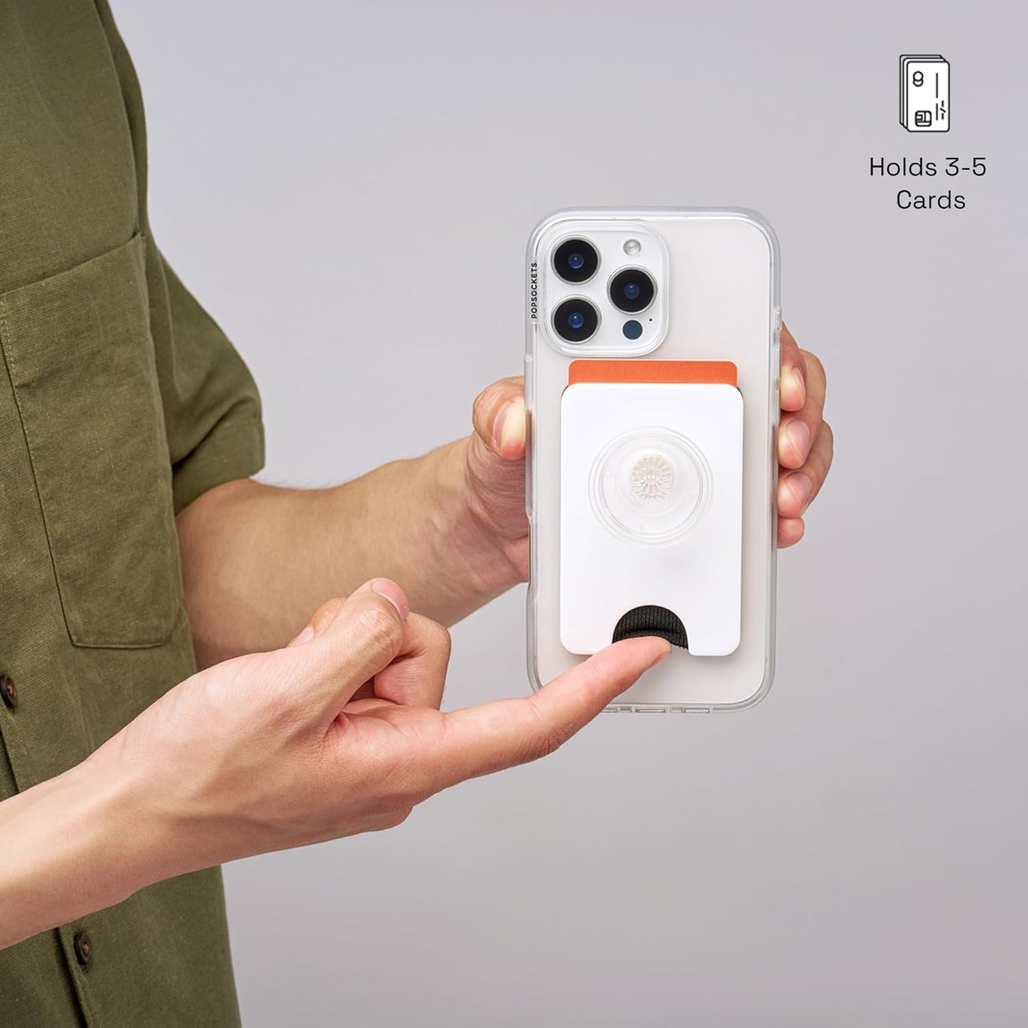 PopSockets Phone Wallet with Expanding Grip and Adapter Ring for MagSafe, Phone Card Holder, Wireless Charging Compatible, Wallet Compatible with MagSafe - White Clear