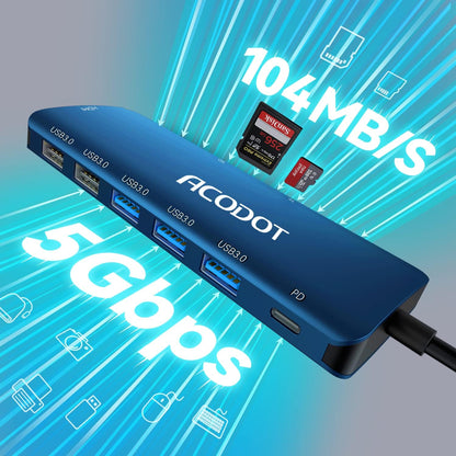Acodot 9 in 1 USB C to 4K@60HZ HDMI Multiport Adapter, 3 USB 3.0 Ports, SD/TF Card Reader, 100W PD, Designed for MacBook Pro Air HP XPS etc, Blue