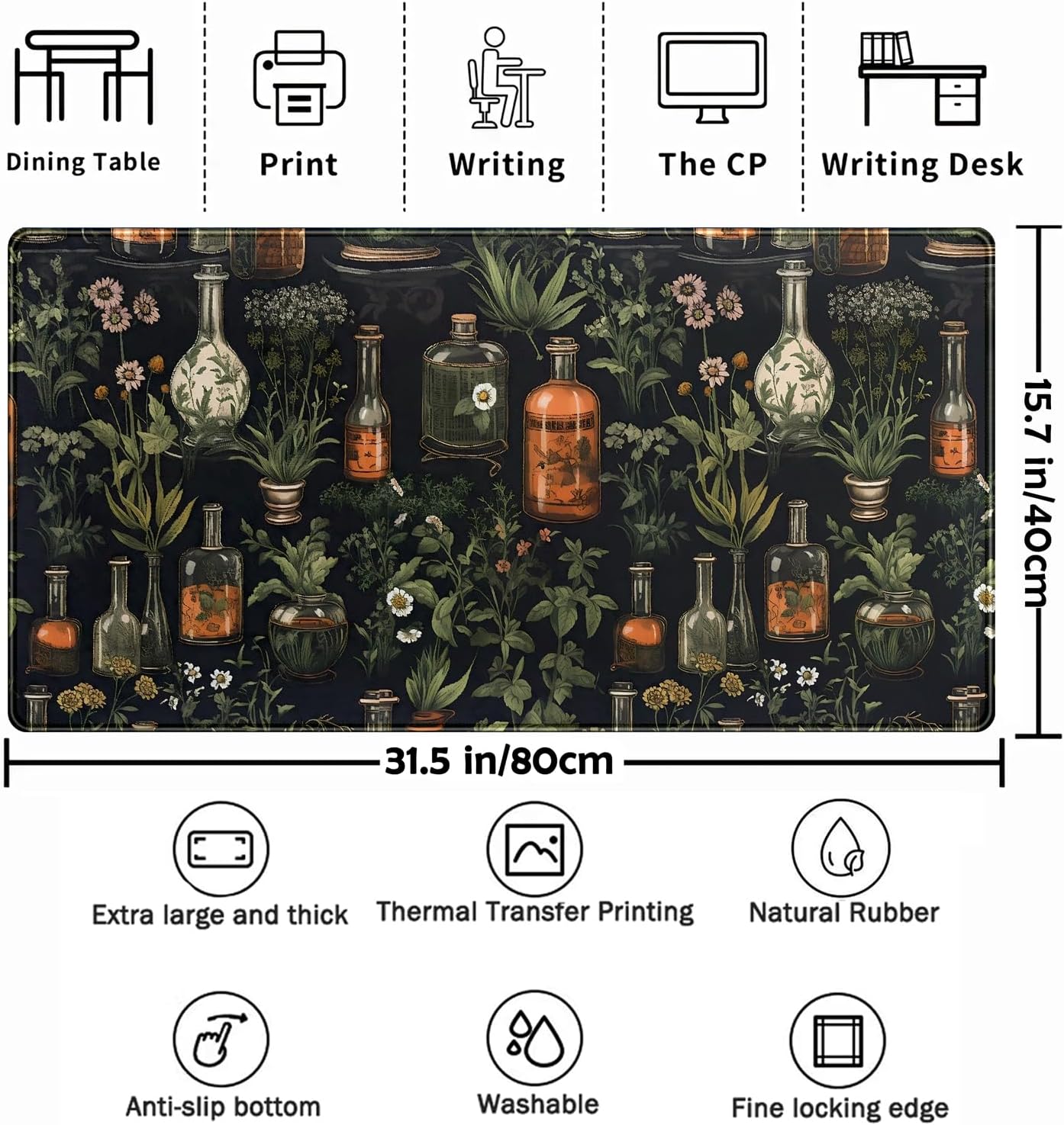 Black Aesthetics Desk Mat Mouse Pad Large Gaming Mouse Pad Desk Pad Mousepad, Mystical Green Plant Computer Laptop Keyboard and Mouse Mat, Desktop Protector Mat for Women Girl Office 31.5x15.8 in