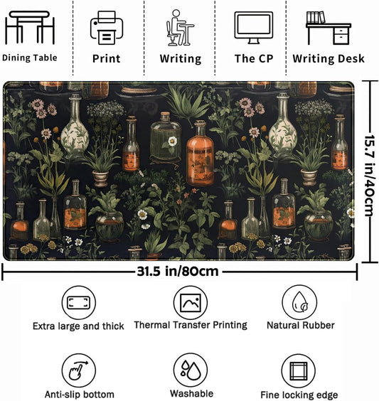 Black Aesthetics Desk Mat Mouse Pad Large Gaming Mouse Pad Desk Pad Mousepad, Mystical Green Plant Computer Laptop Keyboard and Mouse Mat, Desktop Protector Mat for Women Girl Office 31.5x15.8 in