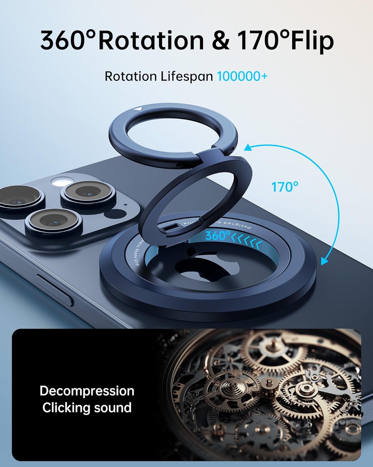 SYNCWIRE Phone Ring Holder Grip for MagSafe, 360° Rotation Magnetic Cell Phone Grip Stand Two-Sided Magnetic Compatible with iPhone 16 15 14 13 12 Pro Max fits MagSafe Accessories - Titanium Blue