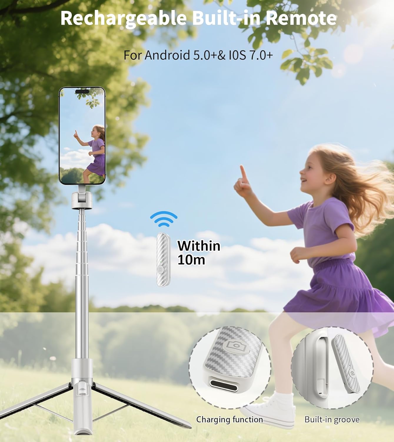 TONEOF 68" Magnetic Selfie Stick Tripod with Aluminum Strong Magnetic Holder for Magsafe, 360° Rotatable Travel Phone Tripod Stand with Metal Ring & Rechargeable Remote for iPhone/Android(Beige Gray)