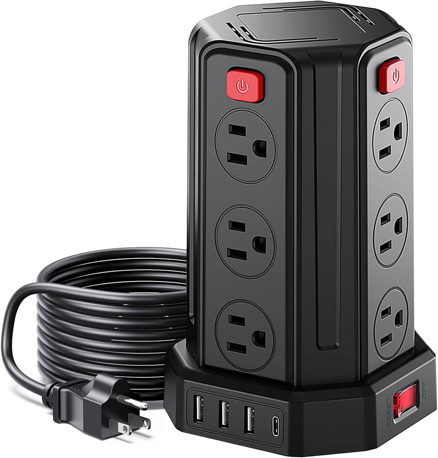 Power Strip Surge Protector, 6.5 Ft Extension Cord with 12 AC Multiple Outlets 4 USB (1 USB C), SMALLRT Power Tower Desktop Charging Station (Black, 6.5 Ft)