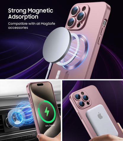Magnetic for iPhone 15 Pro Max Case [Compatible with MagSafe][Built-in Camera Lens Protector] Slim Soft Silicone Bumper Shockproof Metallic Luster Phone Case (Rose Gold)