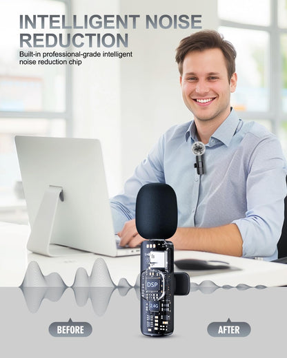 PQRQP 3 in 1 Professional Wireless Lavalier Microphone for iPhone, Android, Camera, Wireless Microphones, Mini Microphone, Crystal Clear Sound Quality for Recording, Live Streaming, YouTube, TikTok