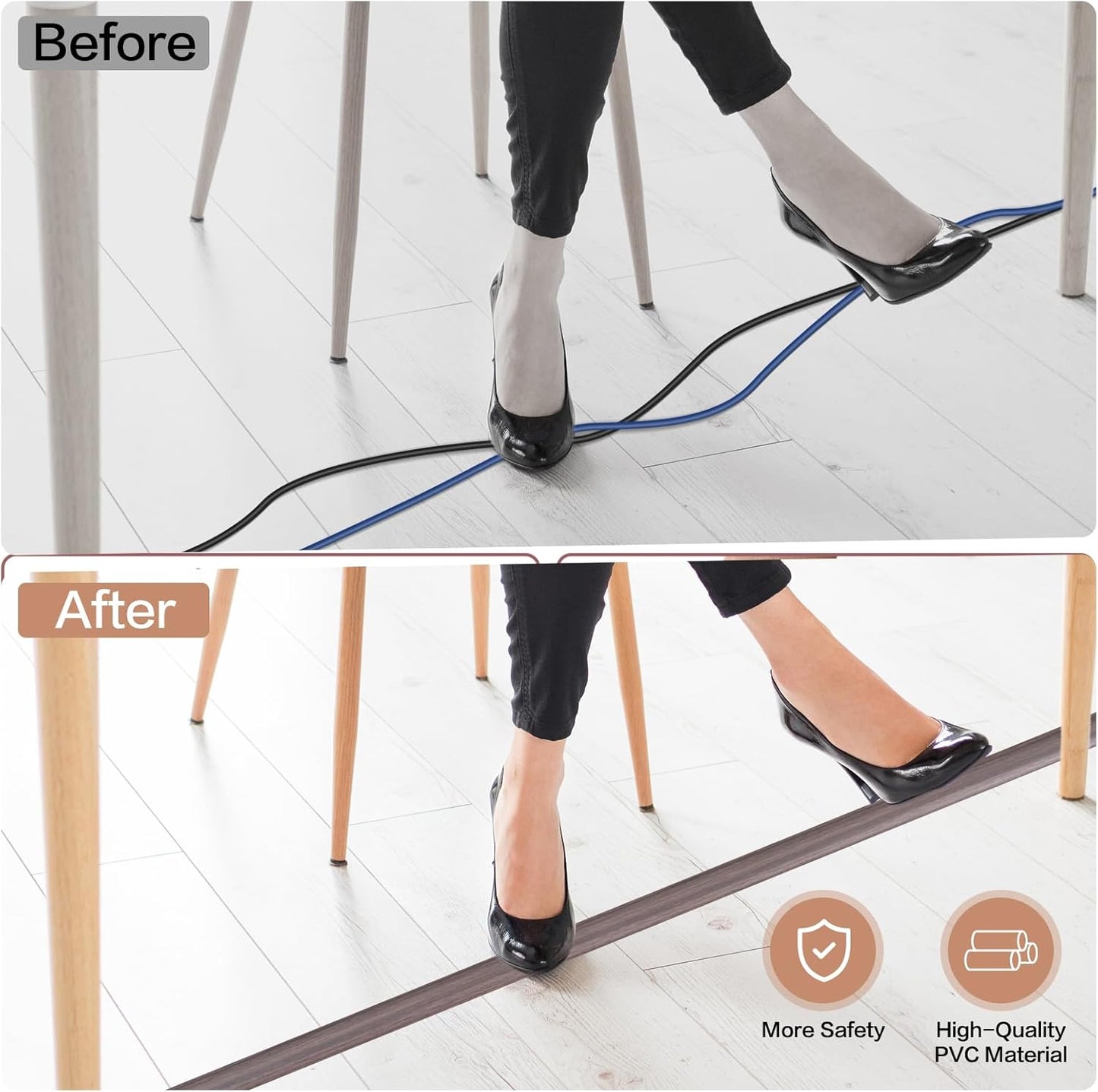 Floor Cord Cover Self Adhesive Cord Hider Floor Extension Cord Covers for Floor Power Cord Protector Cable Management Prevent Cable Trips Cable Cavity 0.59" W x 0.31" H (Brown Walnut Wood, 20Ft)