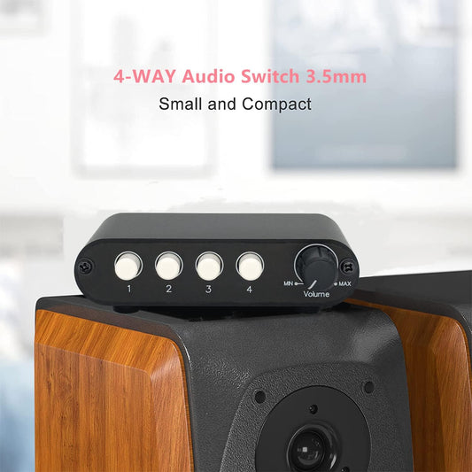 4-Way 3.5mm Stereo Audio Switch Input Signal Source Switcher Selector Splitter Box with line Volume Controller (4 in 1 Out / 1 in 4 Out) -MC41