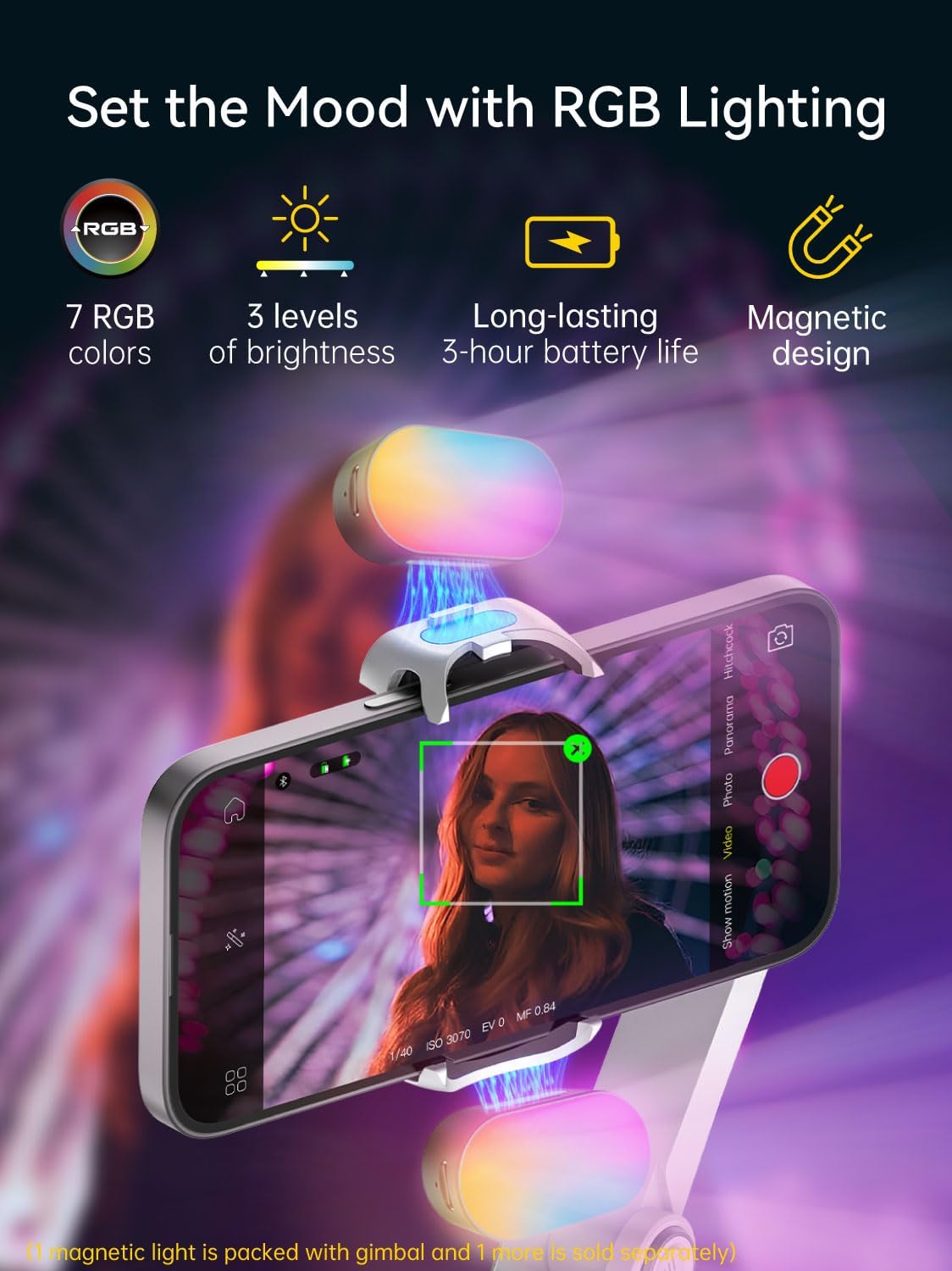 Gimbal Stabilizer for iPhone w/RGB Magnetic Fill Light, Foldable Gimbal w/7.8' Extension Rod & OLED Display for Vlogging & Filmmaking, Compatible with iPhone 16/15 Pro Max-Smart X2 Kit White