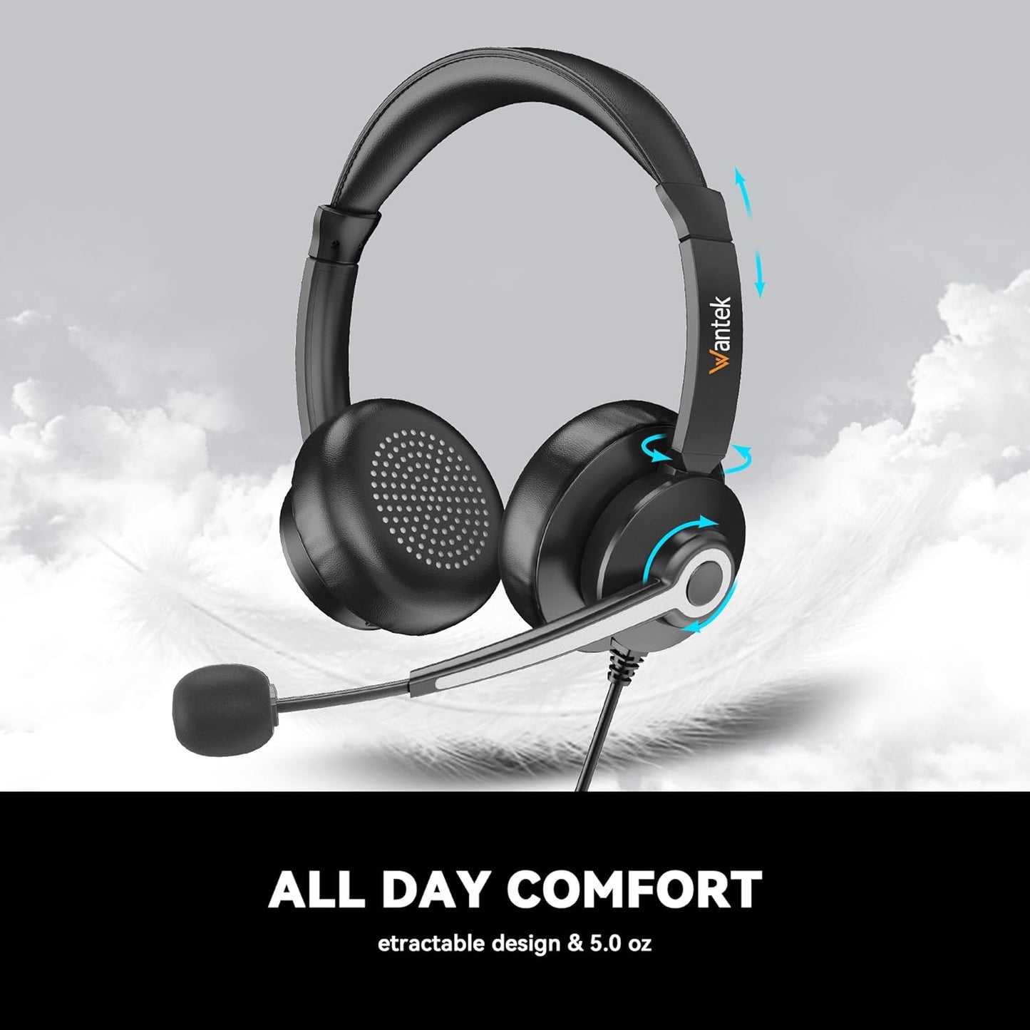 Wantek USB & 3.5mm Headset with Mic for PC/Laptop,Wired Headset with Noise-Cancelling Microphone & Audio Controls Perfect for Home Office Online Class Skype Zoom Call Center Webinar,All Day Comfort