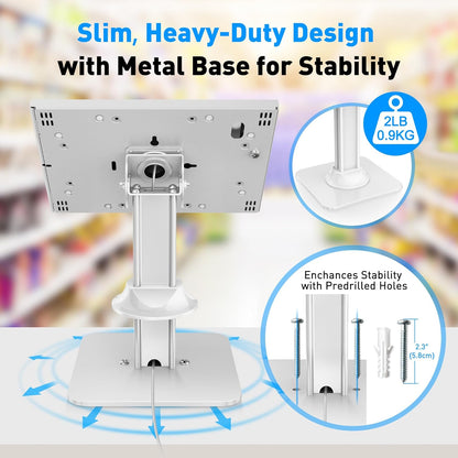 AboveTEK Anti-Theft iPad Kiosk Stand – POS iPad Security Stand & Locking Tablet Stand – Heavy Duty Base, 360° Swivel, 75° Tilt Bracket – Retail Business for iPad/iPad Air/iPad Pro (White)