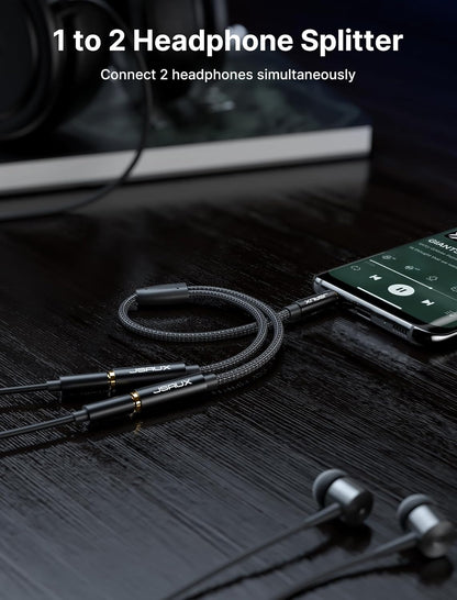 JSAUX Headphone Splitter 4ft, Audio Splitter 3.5mm Male TRS to 2 Dual 3.5mm Female Adapter Nylon-Braided for iPhone, Samsung, Tablets, Laptop, PlayStation and More [Black]