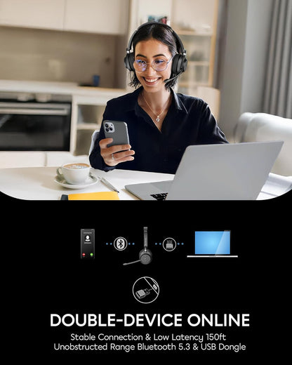 Wireless Headset with Mic for Work, Bluetooth 5.3, Advanced Noise Reduction Microphone, & HD Microphone & HiFi Stereo & Ultra Lightweight Comfortable Bluetooth Headphones for PC, Laptop, Phone,Zoom