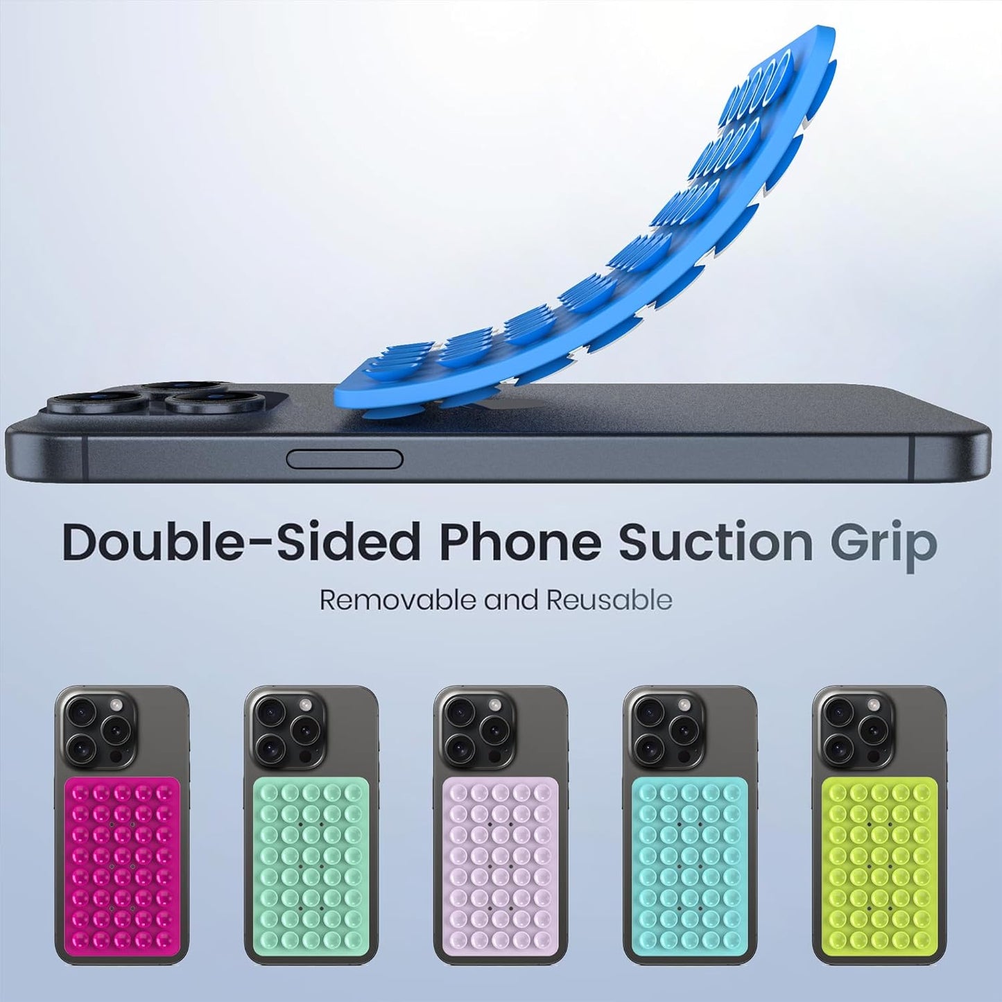 2PACK Silicone Double Sided Suction Phone Case Mount, Detachable Hands Free & Strong Grip Holder for Selfies & Videos, Compatible iPhone Android (Blue, 2Pack 40 Suction Cups)