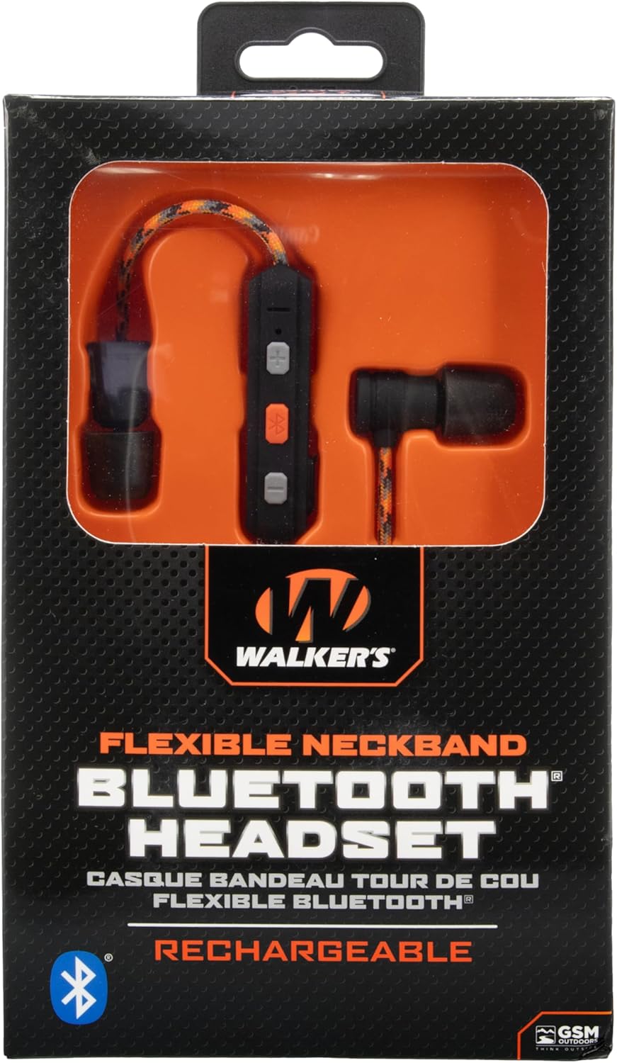 Walker's Flexible Bluetooth Neckband Headset 30 NRR Passive Hearing Protection Earbuds with 12" USB Charging Cable & EVA Carrying Case