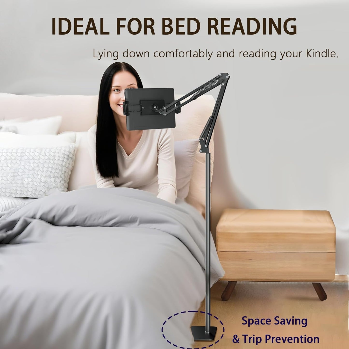 Tablet Floor Stand & Kindle Holder, Overhead Bed Reading Stand with 360° Rotatable Clamp and Height Adjustable Flexible Long Arm, Compatible with Kindle, iPad mini/Air/Pro, and 4.7-14 Inch Devices