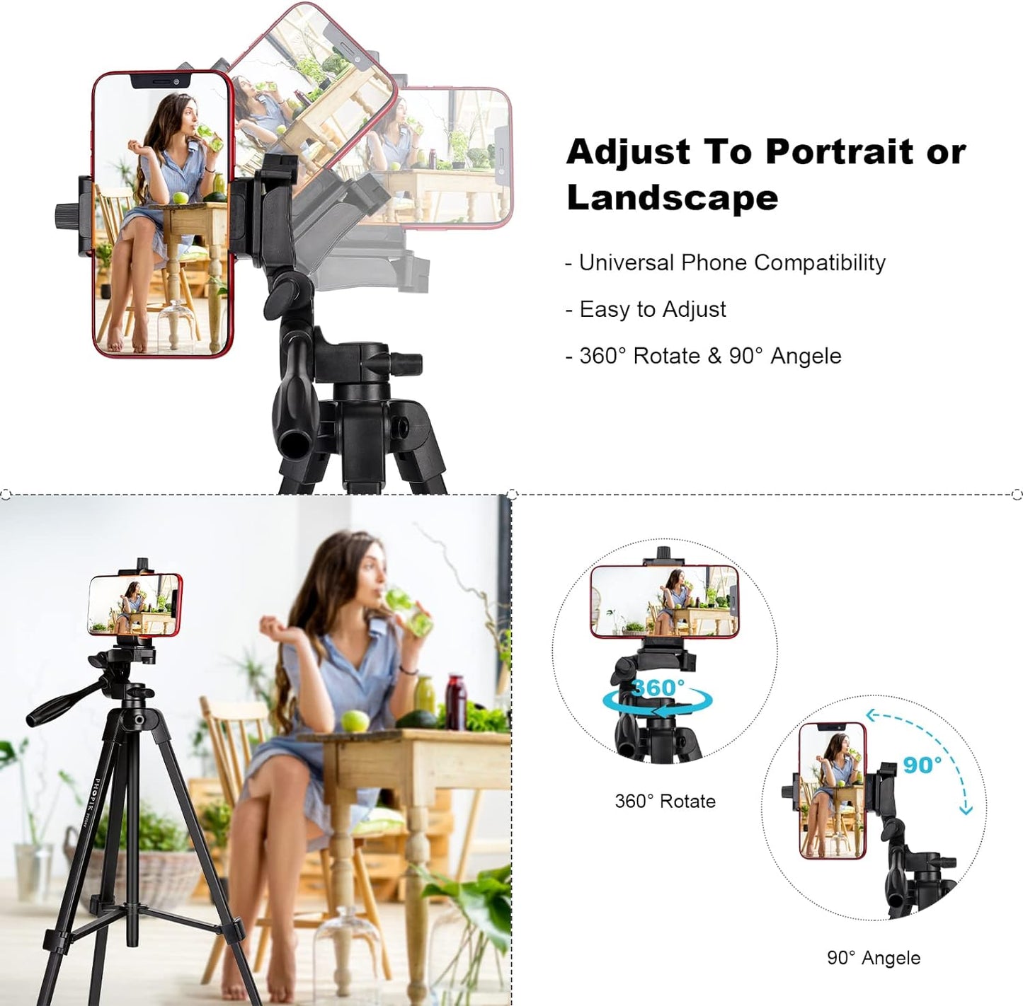 55" Phone Tripod, PHOPIK Aluminum Extendable Tripod Stand with Shutter, Carrying Bag, Compatible with iPhone/Android/Sport Camera&Insta 360 x5 Perfect for Video Recording/Selfies/Live Stream/Vlogging