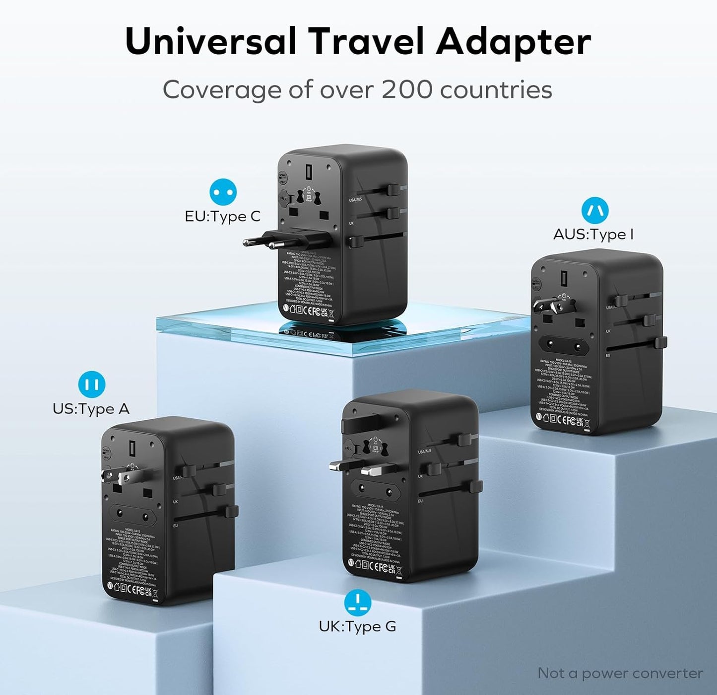 MOMAX Universal Travel Adapter, 170W GaN International Power Adapter, 2 USB-C 2 USB-A, Worldwide Travel Plug Adapter, International Power Adapter for Most Europe, USA, Japan, Australia (Type C/A/G/I)