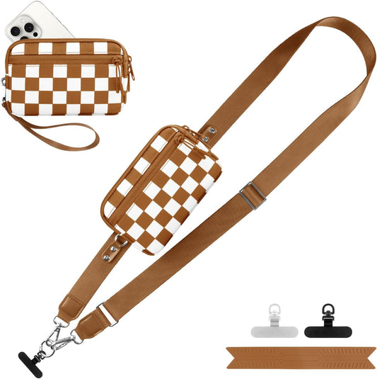 Clip and Go Strap for Phone with Wallet Crossbody, Adjustable Phone Lanyard with Detachable RFID Wristlet Wallet, Phone Strap with Phone Tabs for All Phones, Bronze Checkered (L)