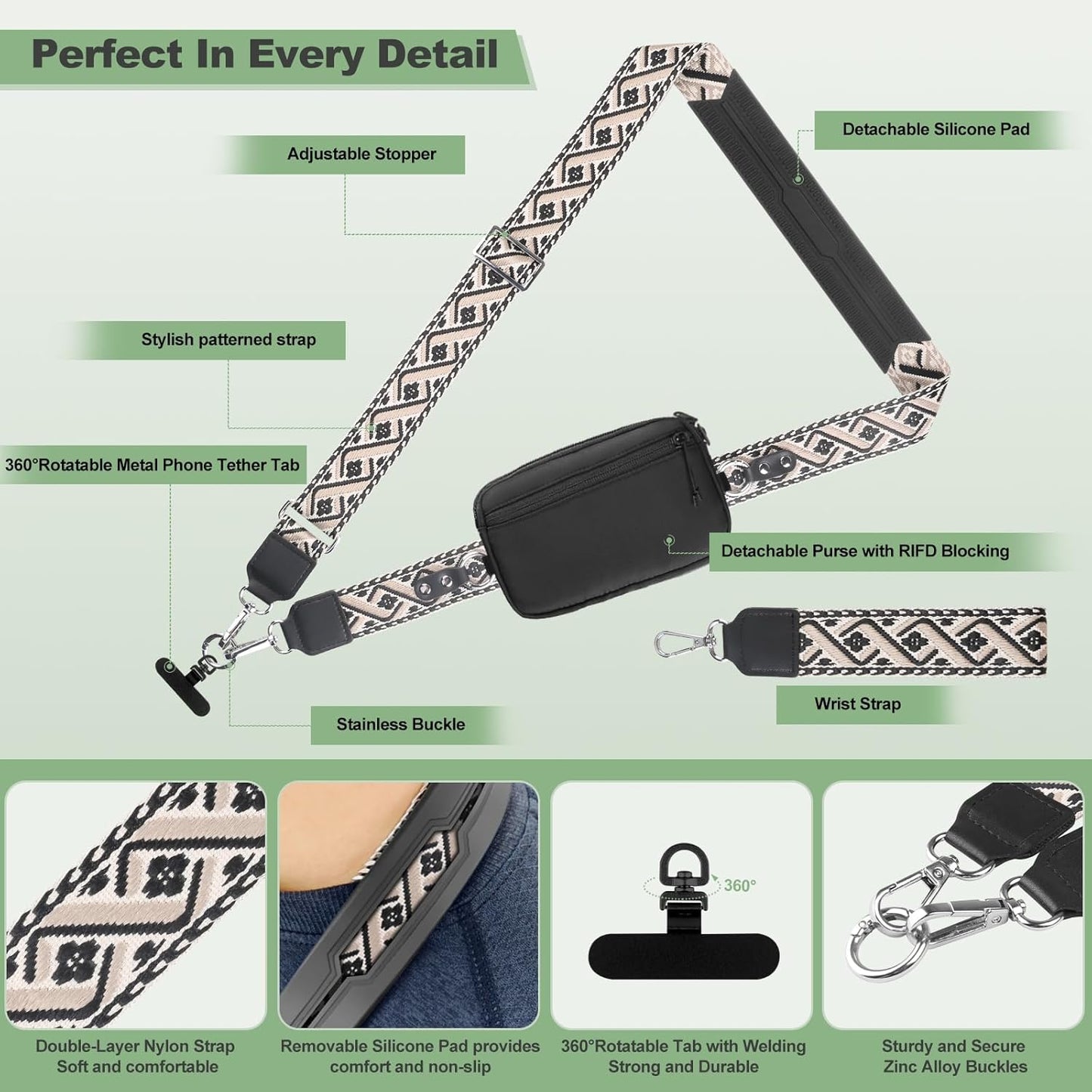 Clip and Go Strap for Phone with Wallet Crossbody, Adjustable Phone Lanyard with Detachable RFID Wristlet Wallet, Pattern Strap, Black (M)