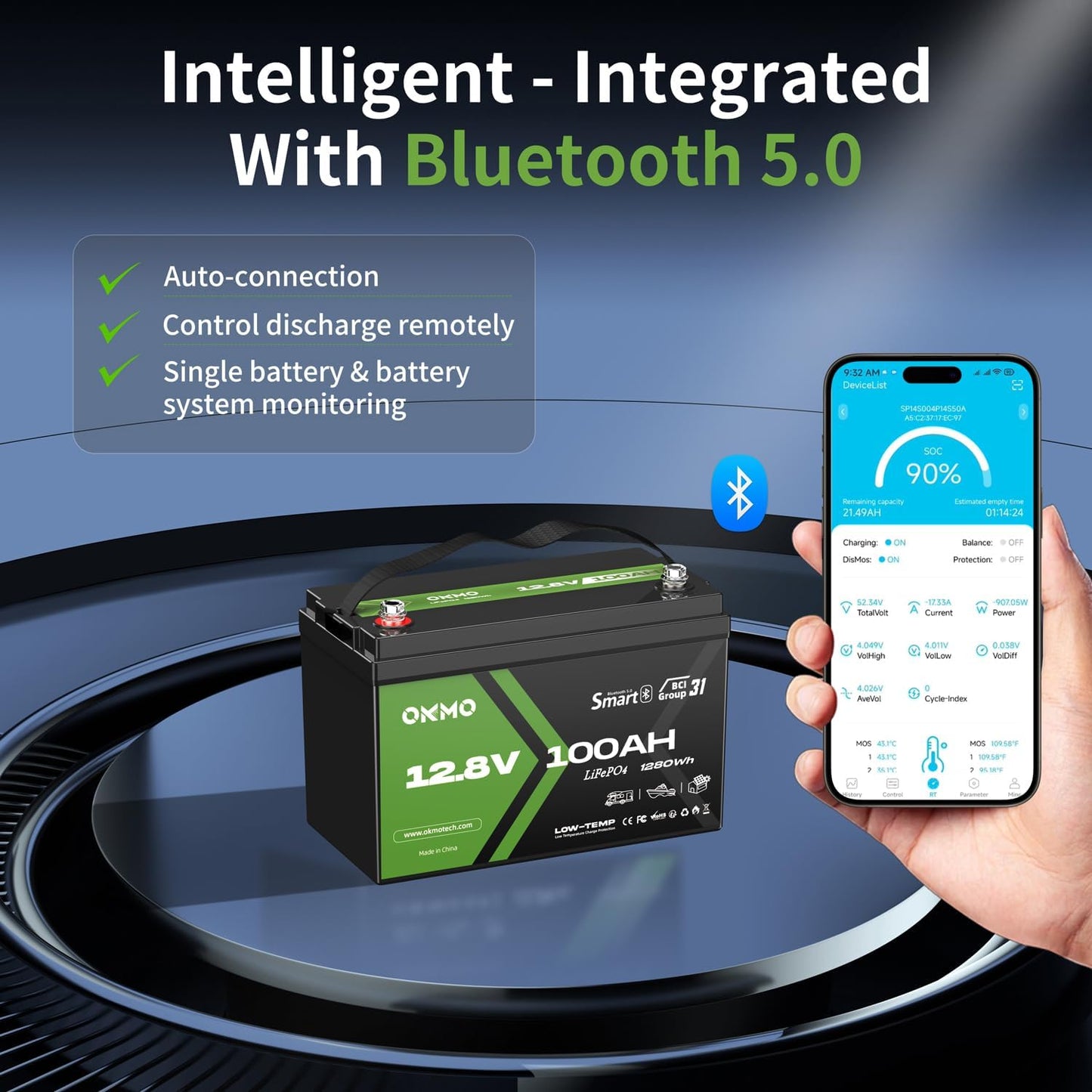 12V 100Ah LiFePO4 Lithium Battery with Bluetooth, Group 31, Built-in 100A BMS,15000+ Deep Cycles, Lightweight Rechargeable Battery for RV, Solar, Marine, Trolling Motor, Home, Off-Grid