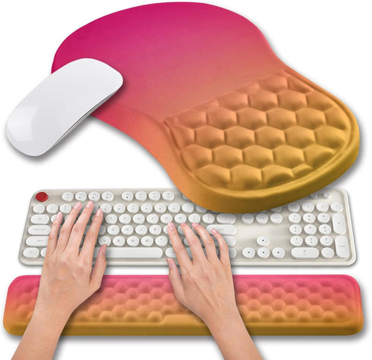 Hokafenle 2 in 1 Ergonomic Mouse Pad Wrist Support & Wrist Rest for Computer Keyboard Set, with Relieve Carpal Tunnel Pain Massage Bulge and Full Memory Gel Design (2In1 Set, Sunset Glow)