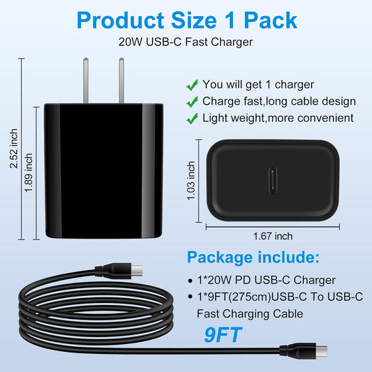 Samsung S25 A16 5G Fast Charger Type C,20W USB C Charger Block & 9FT Long USB C to USB C Cable Fast Charging for Galaxy A54 S24 S23 S22 Ultra Plus A14 A23 A53 A13 S21 S20 S10 A12 A03S Note 20 10